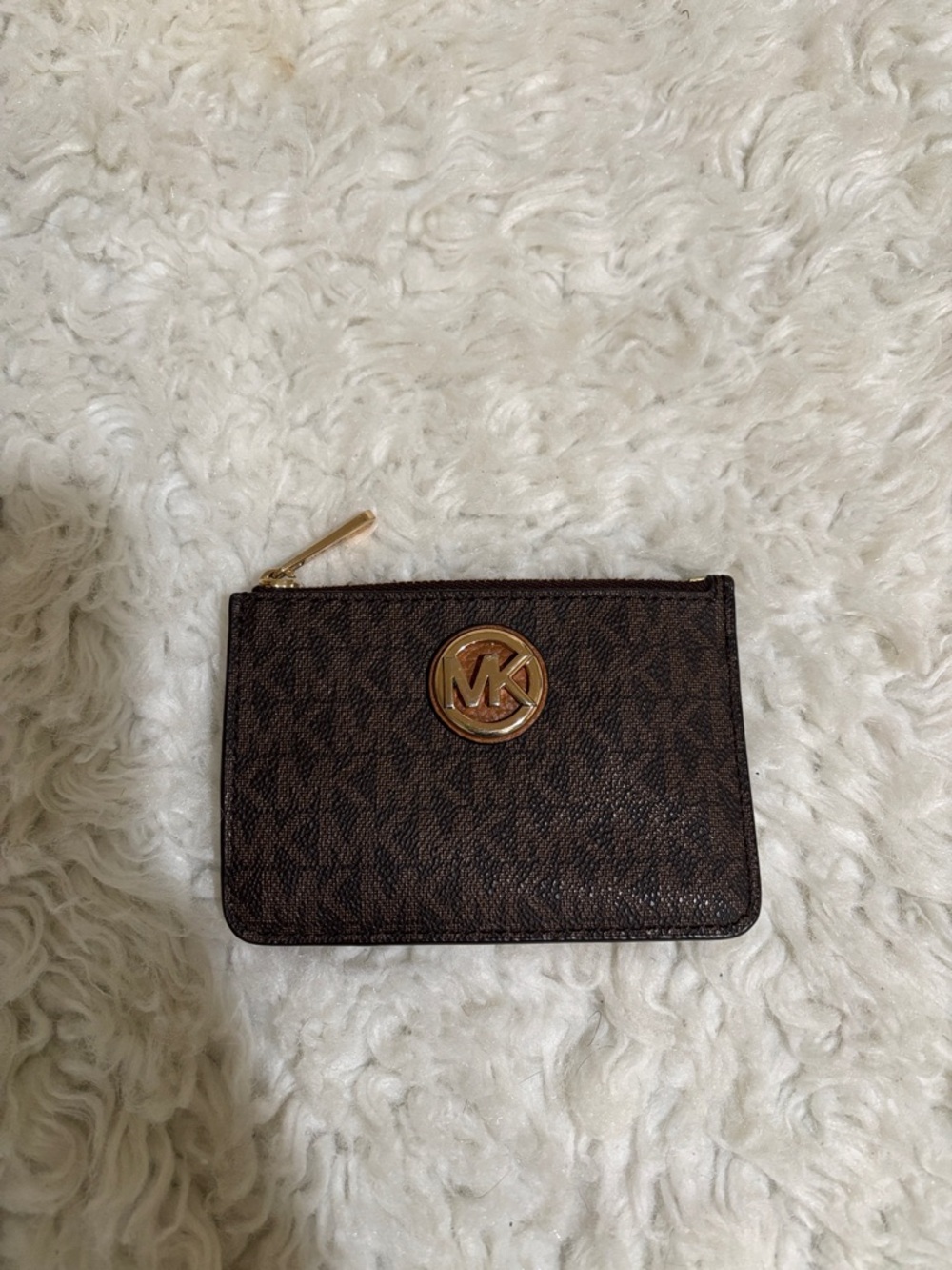 Michael Kors Dark Brown Monogram Zip Card Pouch with Gold MK Emblem